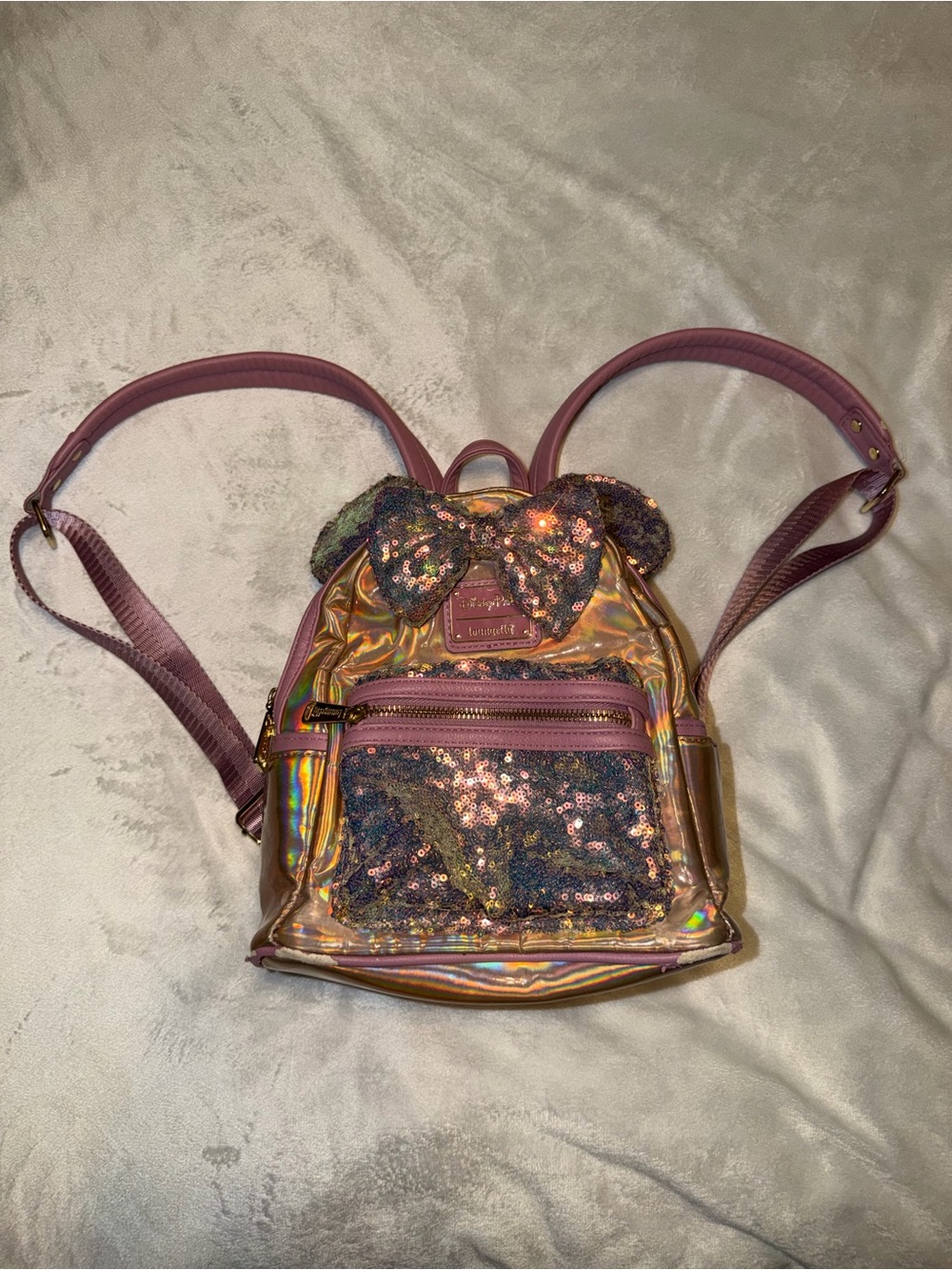 Loungefly Disney Parks Iridescent Pink Holographic Mini Backpack with Sequin Bow